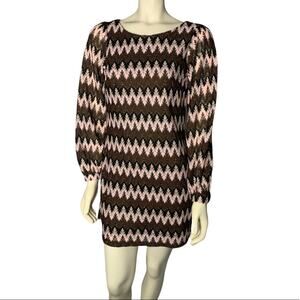 XOXO Medium Chevron zigzag crochet print Full lined zip up brown metallic dress